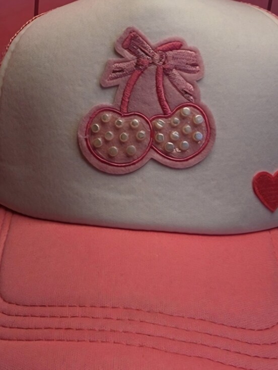 Love Yourself Artistry Accessories - 90s Inspired Coquette Pink Cherry Bow Trucker Hat with Pearls & Heart Detail